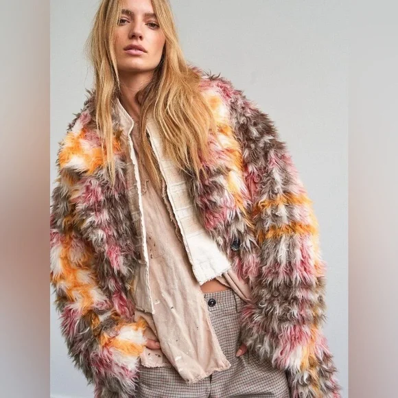 NWT Free People Cardi Plaid Faux Fur Coat $698 MSRP - Picture 2 of 16